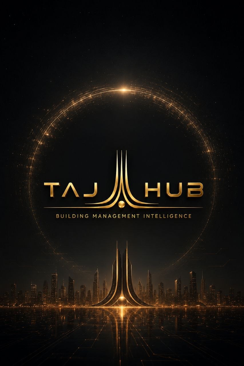لوگو TAJ HUB با هاله طلایی و افق شهر