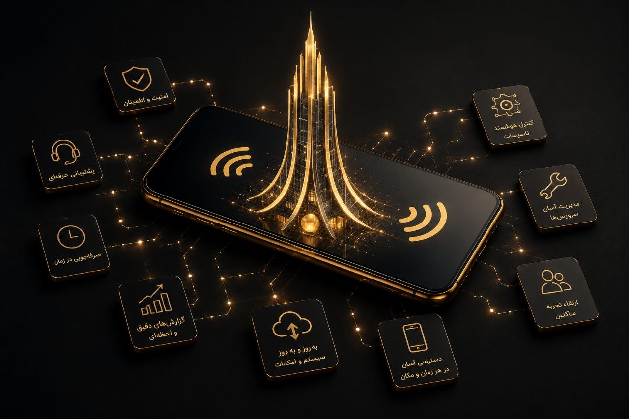 اکوسیستم خدمات TAJ HUB — گوشی سهبعدی طلایی با کارتهای خدمات متصل